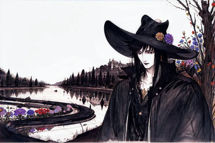 amano yoshitaka, 1boy, long black hair, pale skin, garden, lake, black armor, wide brimmed hat, large hat, flowers, <lora:Style_YoshitakaAmanoV2:1.25>