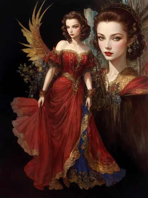(masterpiece, best quality, detailed), 8K, best lighting, beautiful face, detailed face, detailed eyes, Scarlett, Vivien Leigh, red dress, Gone with the Wind, fantasy, illustration by amano yoshitaka, wind, <lora:amano_yoshitaka_offset:0.9>, ((full body))