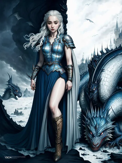 masterpiece, best quality, detailed, high resolution, 8K, best lighting, intricate, sharp focus, 1girl, , pure face, Emilia Clarke, Daenerys Targaryen, skin textures, detailed textures, dynamic pose, fantasy, dragon, castle, illustration by amano yoshitaka, wind, <lora:amano_yoshitaka_offset:1>, Game of Thrones, full body, (pureerosface_v1:0.7)