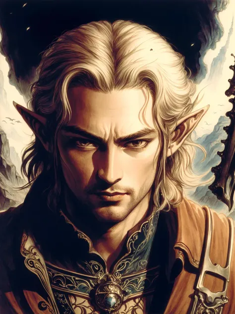 masterpiece, best quality, detailed, high resolution, 8K, best lighting, intricate, sharp focus, beautiful face, action pose, fantasy, elf, lord of the rings, (sketch:0.6), illustration by amano yoshitaka, wind, <lora:amano_yoshitaka_offset:0.7>, ((cowboy shot)),