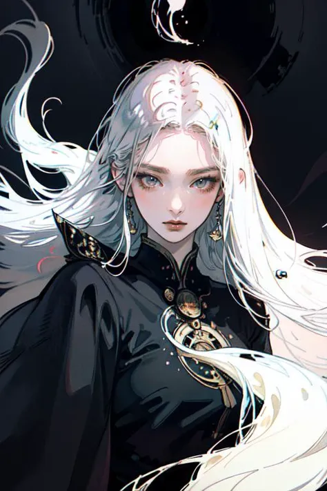 amano yoshitaka, <lora:amano_yoshitaka_offset:1>, 1girl, solo, closeup portrait, white long hair, floating hair, dark dim dramatic atmosphere, masterpiece, best quality, top quality, ultra-detailed, professional illustration, animation, official art, beautiful and aesthetic, detailed background, hires