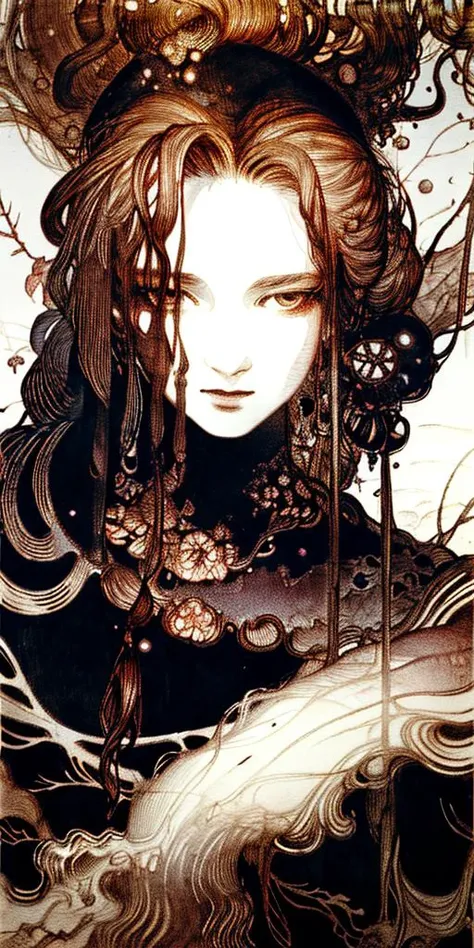 <lora:add_detail:1>, <lora:amano_yoshitaka_offset:1.5>, amano yoshitaka, (deep woods atmosphere), portrait of a nymph clad in bark and branches, brown wavy hair hair, fantasy, digital painting, smooth, sharp focus, illustration, ((masterpiece)), extreme closeup