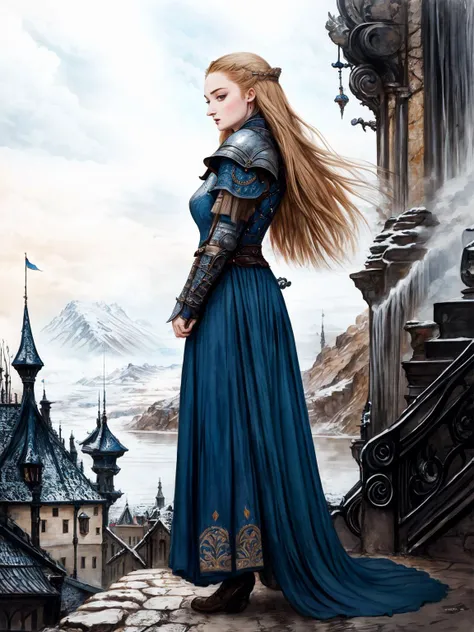 masterpiece, best quality, detailed, high resolution, 8K, best lighting, colorful, intricate, sharp focus, 1girl, beautiful face, , pure face, Sophie Turner, Sansa Stark, very long dress, action pose, fantasy, illustration by amano yoshitaka, wind, <lora:amano_yoshitaka_offset:1>, Game of Thrones, (full body), looking at viewer, side view