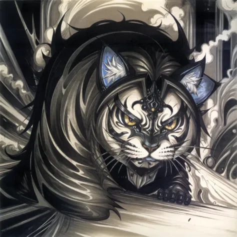 a cute kitten made out of metal, cyborg, cyberpunk style, ((intricate details)), ((intricate details, hyperdetailed)), no humans