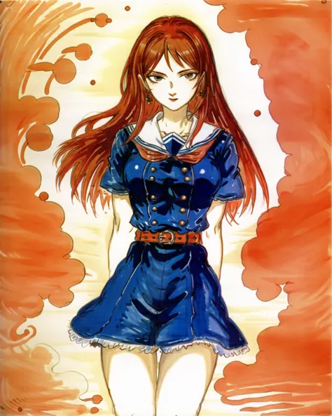 masterpiece, best quality, cowboy shot, 1girl, red hair, looking at viewer, school uniform, thighs