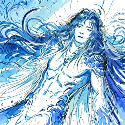 (high_quality,masterpiece:1.3),a man laying on the beach,laying on back,closeup,(amano_yoshitaka style:1.3),[ink|watercolor]