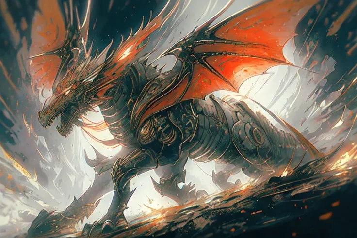 (masterpiece,high_quality:1.3),a mecha dragon with mechanical wings,fires around him,(dragon:1.2), post apocalyptic city,cyberpunk,amano_yoshitaka,conceptart,monster