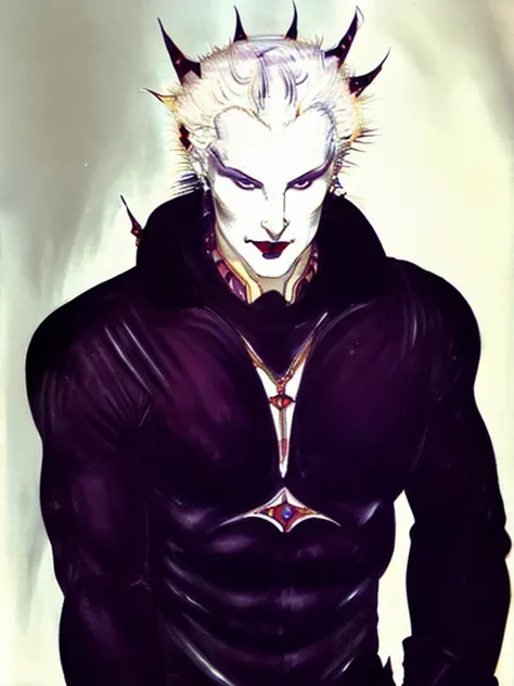 Pale white skin men, evil smile, white hair, dark lipstick, wearing old spiky armour