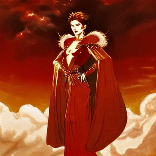 Closeup, Portrait of a Muscular woman floating in clouds , nude , (spiky short hair), chestnut hair, flowing red cape, proud, intricate , red and golden sleeves, fur, red and golden armor gloves, dramatic pose, dramatic angle, amano yoshitaka