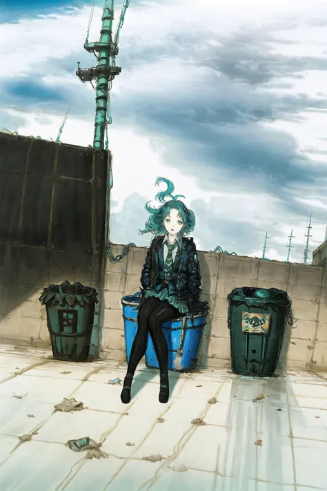 1girl, solo, skirt, sky, sitting, pantyhose, cloud,black gloves, outdoors, day, fence, shirt, ahoge, rooftop, mint green hair, twin_braids, green eyes, white shirt, flower necktie, white beret, blue sky, long sleeves, black skirt, looking at viewer, closed mouth, chain-link fence, pleated skirt, cloudy sky, trash can, (central vanishing point:1.3), drawn by amano yoshitaka, intricate, highly detailed, digital painting, smooth, sharp focus, illustration, extreme close-up