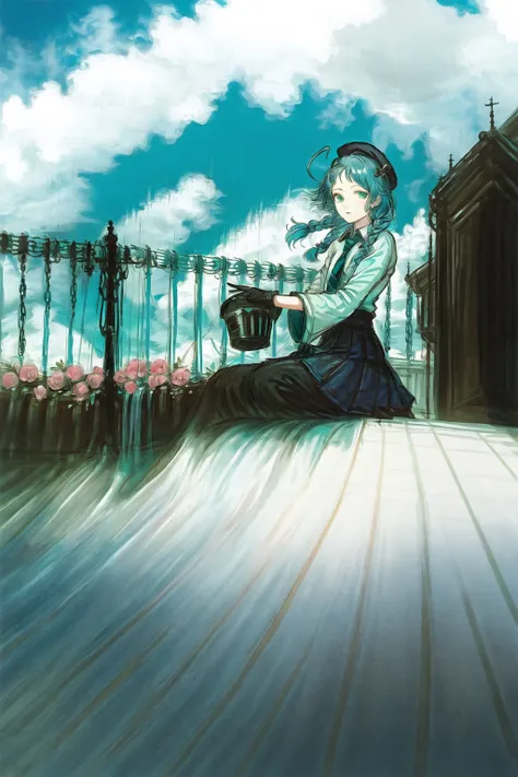 1girl, solo, skirt, sky, sitting, pantyhose, cloud,black gloves, outdoors, day, fence, shirt, ahoge, rooftop, mint green hair, twin_braids, green eyes, white shirt, flower necktie, white beret, blue sky, long sleeves, black skirt, looking at viewer, closed mouth, chain-link fence, pleated skirt, cloudy sky, trash can, (central vanishing point:1.3), drawn by amano yoshitaka, intricate, highly detailed, digital painting, smooth, sharp focus, illustration, close-up