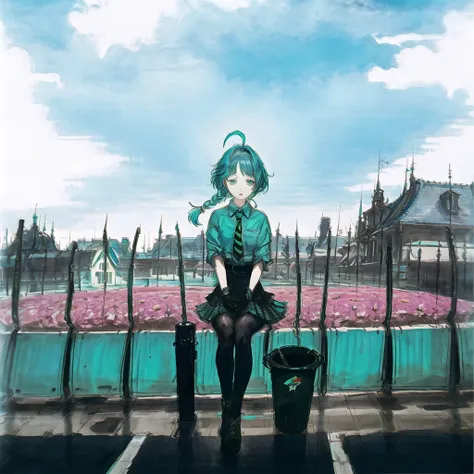 1girl, solo, skirt, sky, sitting, pantyhose, cloud,black gloves, outdoors, day, fence, shirt, ahoge, rooftop, mint green hair, twin_braids, green eyes, white shirt, flower necktie, white beret, blue sky, long sleeves, black skirt, looking at viewer, closed mouth, chain-link fence, pleated skirt, cloudy sky, trash can, (central vanishing point:1.3), drawn by amano yoshitaka, intricate, highly detailed, digital painting, smooth, sharp focus, illustration