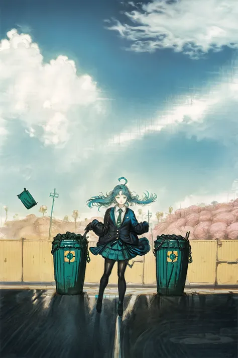 1girl, solo, skirt, sky, sitting, pantyhose, cloud,black gloves, outdoors, day, fence, shirt, ahoge, rooftop, mint green hair, twin_braids, green eyes, white shirt, flower necktie, white beret, blue sky, long sleeves, black skirt, looking at viewer, closed mouth, chain-link fence, pleated skirt, cloudy sky, trash can, (central vanishing point:1.3), drawn by amano yoshitaka, intricate, highly detailed, digital painting, smooth, sharp focus, illustration
