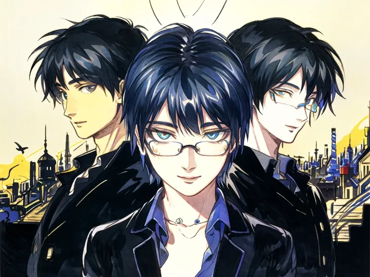 (masterpiece, best quality, an extremely delicate and beautiful), (solo:1.5), (illustration), (detailed face:1.3),<lora:yoshitakaAmanoStyle_amanoYoshitaka55:0.7>
(1man:1.6), (cowboy shot:1.5), short hair, bangs, glasses,(black hair:1.4), round eyewear, (detailed_face_and_eyes:1.5), (black eyes, reflective eyes), 1 Asian man, black jacket, cool looking,(business suit:1.5), smile, fat,
room, office, sunny, detailed modern building, city, the background of detail