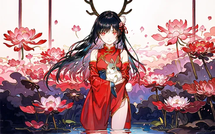 [nsfw], (masterpiece, best quality, ultra-detailed, an extremely delicate and beautiful), ((illustration)), (solo:1.5), (original:1.5), official art, (watercolor:0.8), dark hair, game cg, ((high resolution illustration)), an epic scene, time traveling adventure,

1girl, (cowboy shot:1.35),  look at the viewer, ((bishoujo)), ((visible through hair, red eyes, glowing eyes)), light smile, hair etween eyes, medium breasts, ((black hair)), long hair, bangs, (antlers:1.5), (((Chinese cloth, red shirt, detached sleeves, long sleeves, bare shoulders, hair_ribbon, hair_ornament))), (cradling small rabbit:1.65), detailed animal,

(coin), (floating money:1.3), (Chinese atrium, river, red lotus, water_lily_flower:1.5), ((reflection, specular)), Flying cherry blossom petals, the background of detail,