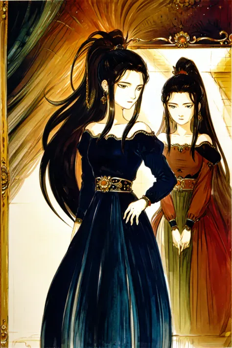 amano_yoshitaka, very detailed background, highly detailed background, masterpiece, best quality, ultra-detailed, illustration, 1girl, solo, mirror, girl with long brown hair, ponytail, blue eyes, curious expression, wearing a casual outfit, standing in front of a large mirror, the mirror is ornate and framed, it's hanging on the wall, the girl is looking at her reflection, she seems to be studying herself, her expression is curious and contemplative, she seems to be deep in thought, the background is dimly lit, the room is decorated with vintage furniture and paintings, the atmosphere is one of introspection and self-discovery