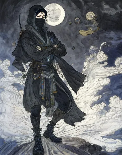 a mysterious ninja with face wrapped in cloth, dark green and black detailed loose thickclothing covering body, standing on top of a cliff bathed in moonlight extravagant, very short, filigree, pastel, in a screenshot, 1boy, amano yoshitaka, beads, highres, shear_cloth, full body, mouth and nose wrapped in long flowing cloth like a ninja mask, highly detailed, many accessories, cinematic, illustrative, watercolor, A5, photoshop, Illustrator, finely detailed, 8k, masterpiece, detailed hands, holding ninja knives in each hand, white eyes, slits for eyes
<lora:yoshitakaAmanoStyle_amanoYoshitaka55:0.87>
