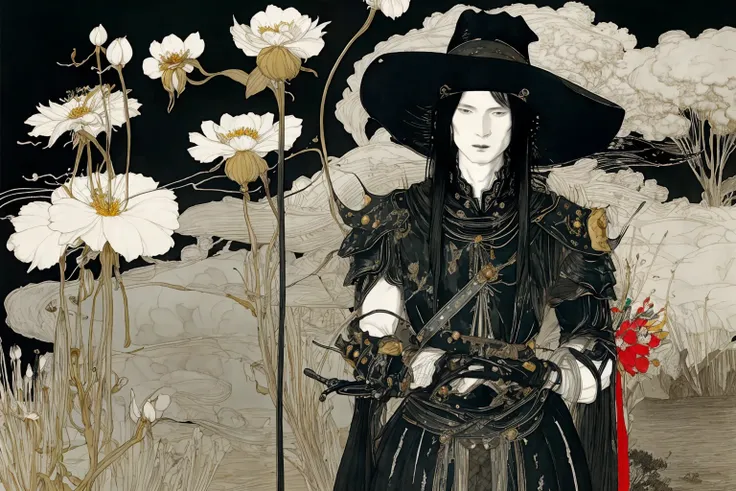 amano yoshitaka, 1boy, long black hair, pale skin, garden, lake, black armor, wide brimmed hat, large hat, flowers,
<lora:amano_yoshitaka_offset:1.2>