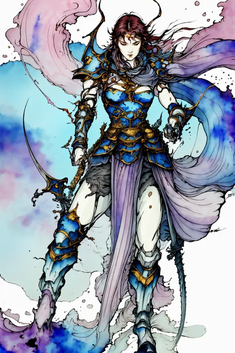 1girl, Final fantasy,   amano yoshitaka, fantasy,scifi, complex background
warrior, battle stance, swing sword, middle east dressing  (full body), (dynamic pose)
water color painting , muted color
wallpaper, abstract, details, masterpiece, best quality,  artstation
 <lora:amano_yoshitaka_offset:1.2>