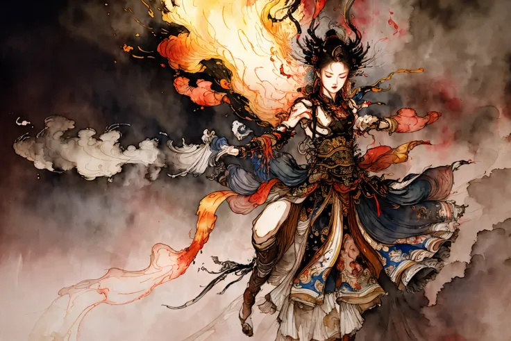 1girl, dancing, smoke, fire
watercolor painting
masterpiece, best quality, 8K, high detail, wallpaper, illustration, best lighting, amano yoshitaka,  pov from bottom
zhongfenghua
 <lora:amano_yoshitaka_offset:1.2>   <lora:zhongfenghuaxiyou-000018:0.2>