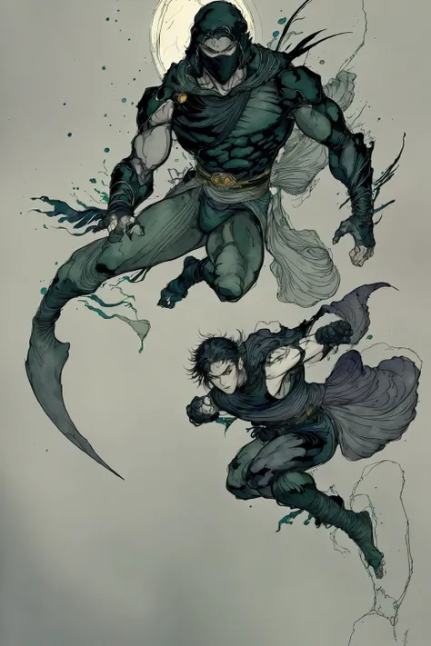 concept art of a mysterious ninja dark green and black detailed loose thick clothing covering body, jumping on top of a cliff bathed in moonlight extravagant
amano yoshitaka, fantasy,scifi, complex background, full body, dynamic pose
pencil sketch and watercolor painting , (muted color)
wallpaper, abstract, details, masterpiece, best quality, artstation
<lora:amano_yoshitaka_offset:1.05>