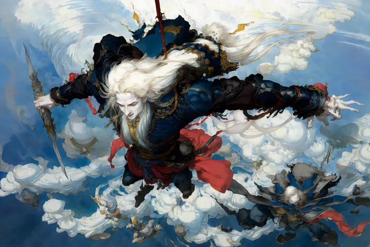 amano yoshitaka
1boy, pale skin, long hair,
zhongfenghua, cloud, sky, , from above, weapon,
<lora:amano_yoshitaka_offset:1.2> <lora:zhongfenghuaxiyou-000018:0.6>