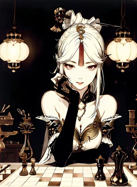 <lora:ningguang2-000010:1> ningguangdef, <lora:amano_yoshitaka_offset:1> amano yoshitaka, 1girl, mature woman, sitting behind a large antique desk, playing chess, ornate chessboard, blush, interior, detailed background, chinese mansion, ornate furniture, ornate chinese scrolls, looking at viewer, warm lighting, facing viewer, watercolor painting, ((best quality)), masterpiece, ((official art)), beautiful face, (deep eyes)