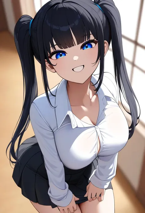 masterpiece, best quality, 1girl,blue eyes,twintails, black hair, white blouse ,best quality,  black skirt, grin,looking at viewer, by nicorima <lora:Nicorima-Style-AniXL-000074:1>