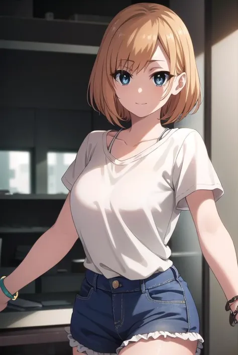 aoimiyamori, <lora:aoi miyamori s1-lora-nochekaiser:1>,
aoi miyamori, short hair, blue eyes, brown hair, smile,
BREAK skirt, shirt, jewelry, white shirt, short sleeves, miniskirt, bracelet, collarbone,
BREAK indoors, office,
BREAK looking at viewer, (cowboy shot:1.5), dynamic pose,
BREAK <lyco:GoodHands-beta2:1>, (masterpiece:1.2), best quality, high resolution, unity 8k wallpaper, (illustration:0.8), (beautiful detailed eyes:1.6), extremely detailed face, perfect lighting, extremely detailed CG, (perfect hands, perfect anatomy),