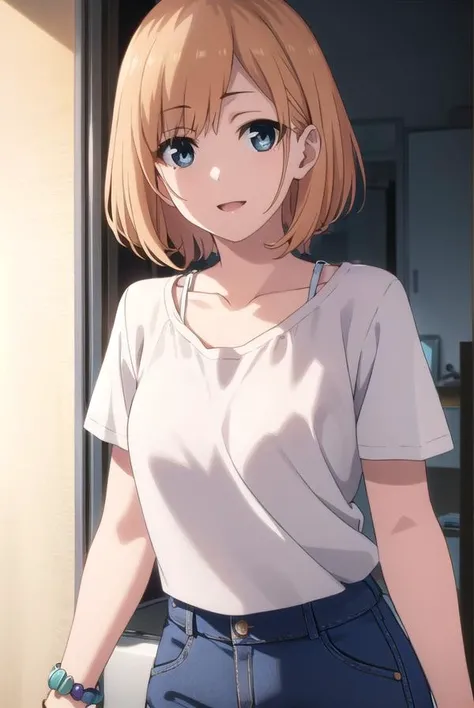 aoimiyamori, <lora:aoi miyamori s1-lora-nochekaiser:1>,
aoi miyamori, short hair, blue eyes, brown hair, smile,
BREAK skirt, shirt, jewelry, white shirt, short sleeves, miniskirt, bracelet, collarbone,
BREAK indoors, office,
BREAK looking at viewer, (cowboy shot:1.5), dynamic pose,
BREAK <lyco:GoodHands-beta2:1>, (masterpiece:1.2), best quality, high resolution, unity 8k wallpaper, (illustration:0.8), (beautiful detailed eyes:1.6), extremely detailed face, perfect lighting, extremely detailed CG, (perfect hands, perfect anatomy),