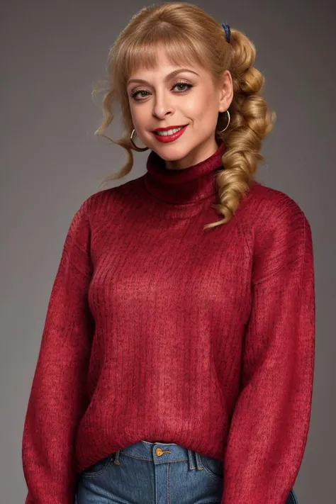 ((high neck full  sweater, loose jeans, boots):1.4), (poneytail hair, strong makeup, red lipstick) <lora:nina_01:0.8>(25 year old cute Nina Hartley, smiling) (close up portrait)