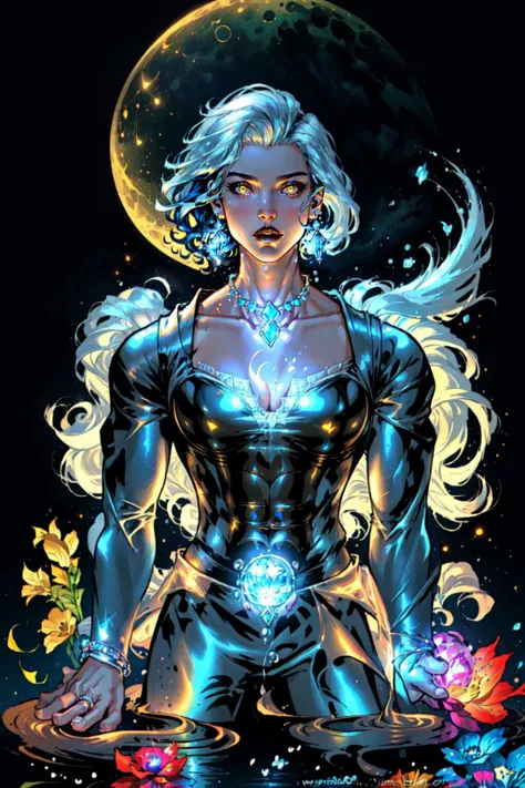 1girl, black background, blue flower, blue hair, bubble, earrings, gem, glint, glowing, jewelry, lips, long sleeves, moon, muscular, necklace, pearlescent, ring, short hair, sky, tattoo, wading, wavy hair, web address, white hair, yellow eyes, <lora:pearlescent-05:1>