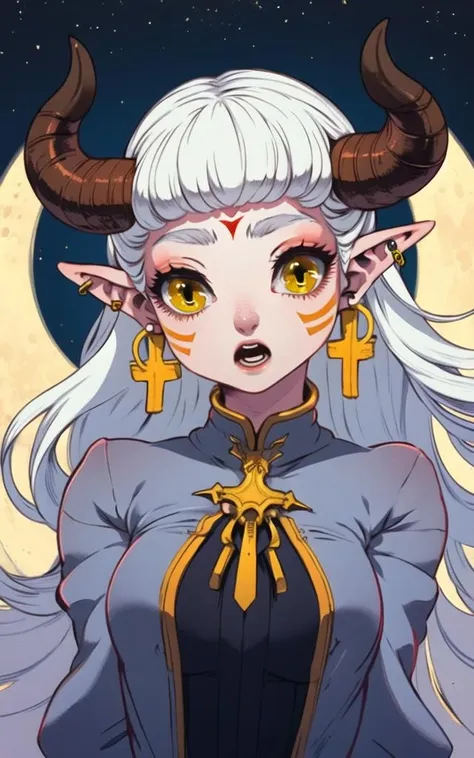 1girl, cross, demon horns, earrings, facial mark, full moon, horns, jewelry, long hair, looking at viewer, moon, open mouth, piercing, pointy ears, solo, upper body, white hair, yellow eyes  <lora:0mimimim0:1>