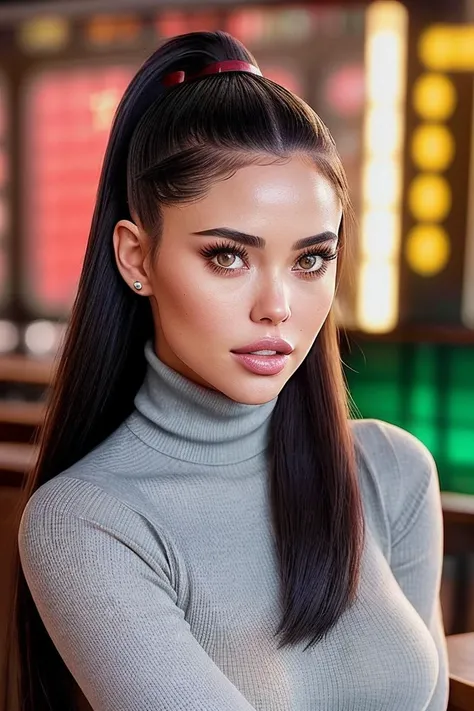 photo of seductive (my0tta-120:0.99), a woman as a student, closeup portrait, ((ponytail hairstyle:1.1)), (elegant turtleneck sweater), at an (80s style) cantina sitting bar, (masterpiece:1.5) (photorealistic:1.1) (bokeh) (best quality) (detailed skin texture pores hairs:1.1) (intricate) (8k) (HDR) (wallpaper) (cinematic lighting) (sharp focus), eyeliner, painted lips, (earrings), (vivid atmosphere)