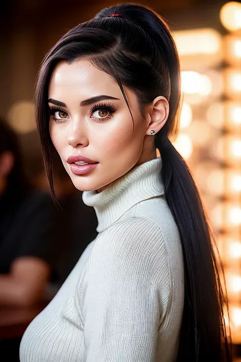 photo of seductive (my0tta-120:0.99), a woman as a student, closeup portrait, ((ponytail hairstyle:1.1)), (elegant turtleneck sweater), at an (80s style) cantina sitting bar, (masterpiece photorealistic:1.1), (bokeh), (best quality), (detailed skin texture pores hairs:1.1), (intricate) (8k) (HDR) (wallpaper), (cinematic lighting), (sharp focus), eyeliner, painted lips, (earrings), (vivid atmosphere)