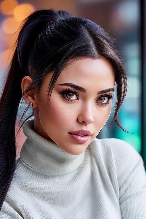 photo of seductive (my0tta-120:0.99), a woman as a student, closeup portrait, ((ponytail hairstyle:1.1)), (elegant turtleneck sweater), at an (80s style) cantina sitting bar, (masterpiece photorealistic:1.1), (bokeh), (best quality), (detailed skin texture pores hairs:1.1), (intricate) (8k) (HDR) (wallpaper), (cinematic lighting), (sharp focus), eyeliner, painted lips, (earrings), (vivid atmosphere)