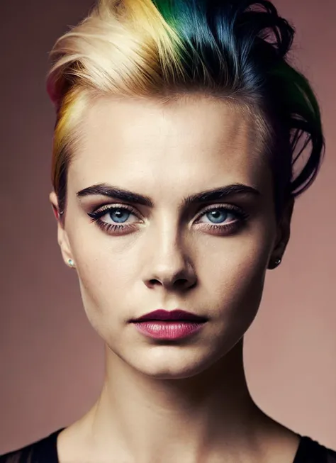 portrait of sks woman by Flora Borsi, style by Flora Borsi, bold, bright colours, rainbow Mohawk haircut, ((Flora Borsi)), <lora:lora_caradelevigne_v1_from_v1_160:1>
