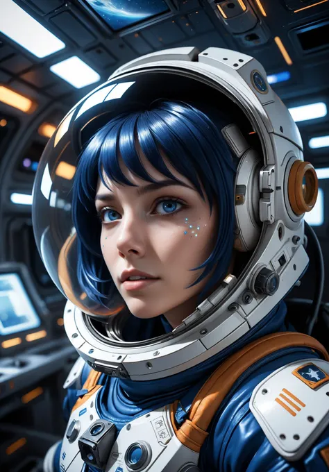 a woman with dark blue hair in a space station, looking out at a starry galaxy through a large viewport. Type of Image: high-resolution photograph. Camera: wide angle lens, close-up shot of her face with the galaxy reflection in her eyes. Render Related Information: 4K resolution, natural light from the galaxy, detailed space suit design, and a hyper-detailed viewport structure.