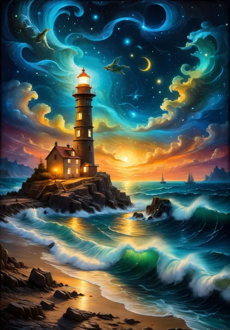 a nocturnal seascape with a lighthouse illuminating a starry sky where constellations come to life as mythical animals, (magical realism:1.5), (surrealism:1.4), vivid and contrasting colors, (light effects:1.5), (starry sky:1.3), (mythical animals:1.4), artwork inspired by Vincent van Gogh, Ivan Aivazovsky, (Josephine Wall:1.2), popular on DeviantArt, high resolution, mysterious and enchanting atmosphere, (dreamlike quality:1.4)