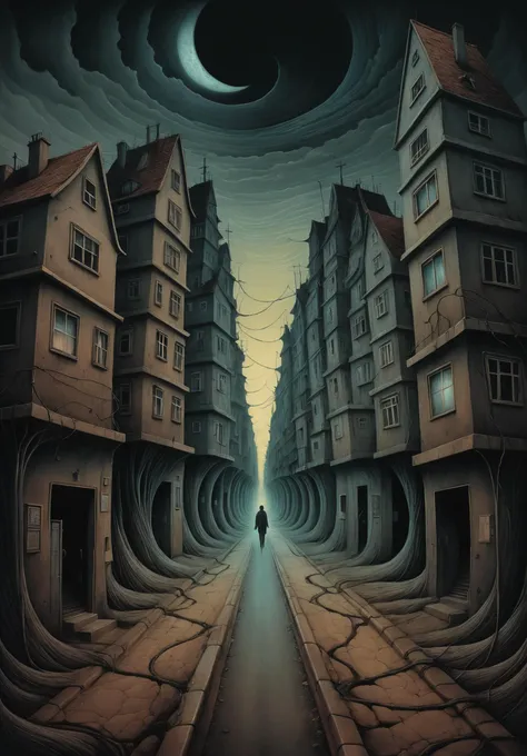 Surreal illustration depicting a nightmarish dreamscape, where distorted, faceless figures loom over a twisted version of a familiar city street. Drawing inspiration from the unsettling surrealism of Junji Ito and the bizarre landscapes of ZdzisÅaw BeksiÅski.