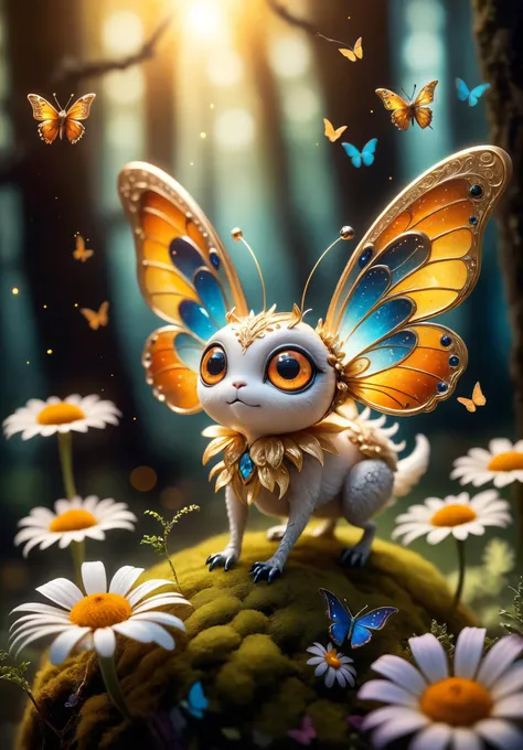 tiny creature with wings, spherical shape, multi-colored fur, large sparkling eyes, hovering in mid-air, magical forest, butterflies around, golden sunlight, vibrant flowers, (soft glow), fairy-like atmosphere, macro photography, extreme close-ups, intricate details, unseen worlds, capturing texture, emphasizing details, revealing beauty in small things, professional lighting, precise focusing, artistic expression, immersive experience, expert technique