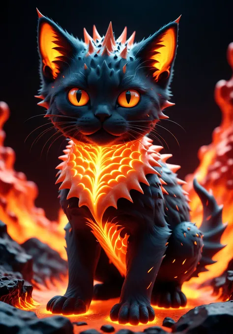 an elemental lava kitten with spikey magma fur and a magma body containing glowing hot hues while smoldering lava emissions fill the background. Centered, mesmerizing, solo, vibrant, Masterpiece, (8k:1.5), enhanced resolution, best quality, enhanced details, best artist, sharp edges, detailed textures, ((full body shot)), atmospheric lighting, visually stunning, perfect composition, trending on behance