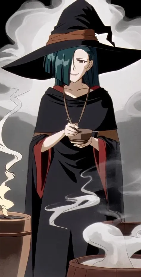 IM, 1girl, solo, portrait, side, hair over one eye, witch hat, witch robes, wicked big smile, ((giant cauldron)), ((smoke)), black background, perfect quality, good quality, masterpiece, HDR, UHD <lora:Izumi Maki:0.8>