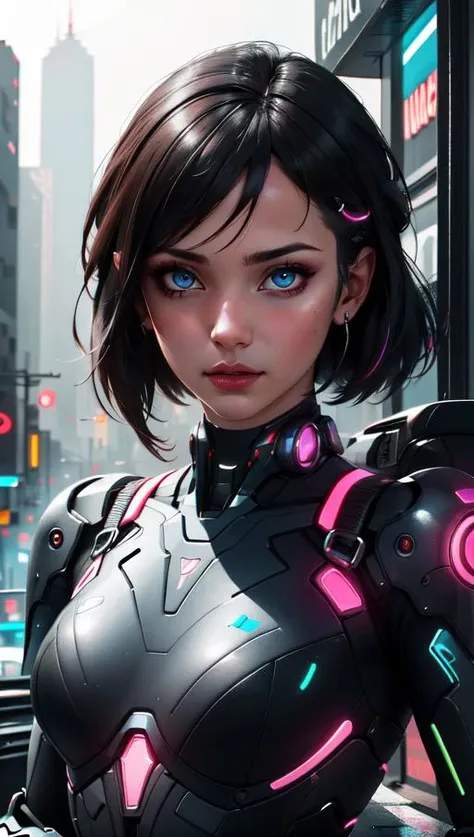 masterpiece, best quality, a digital portrait in a futuristic cyberpunk style, with neon accents, augmented reality enhancements, and a dystopian backdrop <lora:epiCRealismHelper:1>