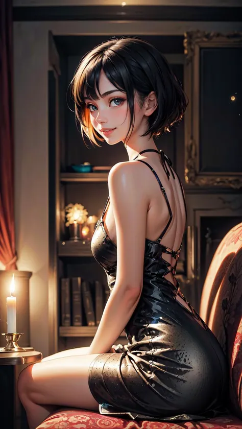 Moonset Moonlight, ((epic top-quality, K, high-level image quality: 1.3, ultra realistic, epic professional photorealistic: 1.4)), Crisp focus: 1.2, Beautiful Women in Perfect Style: 1.4, Slender face: 1.2, ((Black hair, Short hair, Big: 1.2, Slender features)), epic Highly detailed facial and skin texture, Detailed eyes, Double eyelids, Adult Woman, solo, Dress with open back、hotel、suite room、terraces、nighttime scene, ultra-detailed, ultra high-quality, ultra high-resolution, professional cinematic lighting, photon mapping, radiosity, physically-based rendering, cinematic lighting, ultra sharp focus, ultra high-definition, saturate, reflection, varied multi etc. --v6 --s1000 --c20 --q5 --chaos100