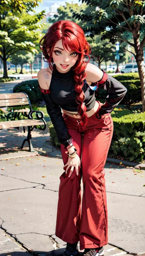 masterpiece, best quality, 1girl, landscape, park bench, midriff, full body, long sleeves, bare shoulders, long pants, loose pants, red hair, amber eyes, thick lips, long eyelashes, eyeshadow, red eyeliner, <lora:long_braid_hairstyle:0.5> long_braid_hairstyle <lora:epiCRealismHelper:1> ,smile, leaning forward, hands on own knees, open mouth,