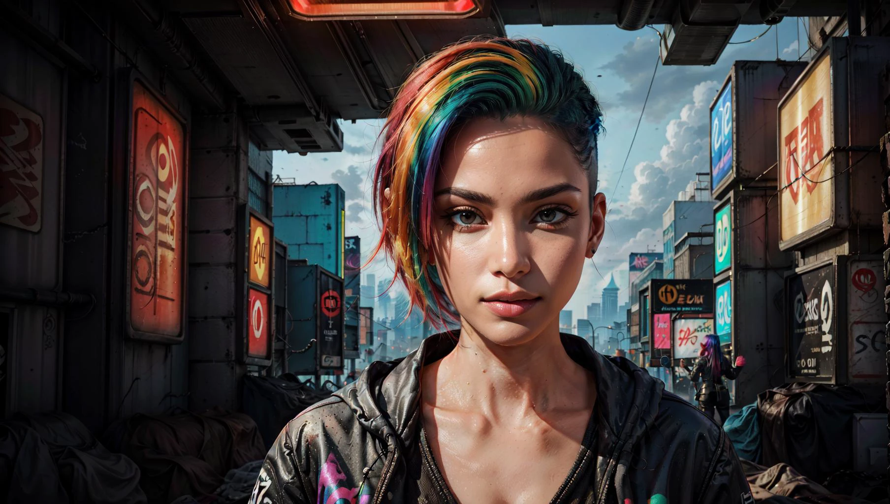 masterpiece, best quality, a cyberpunk-inspired artwork with a cowboy shot of a futuristic woman as a hacker, immersed in a neon-lit digital realm, <lora:epiCRealismHelper:1> <lora:add_detail:0.5>, <lora:half_buzzcut_hairstyle:0.6> half_buzzcut_hairstyle, multicolored hair,