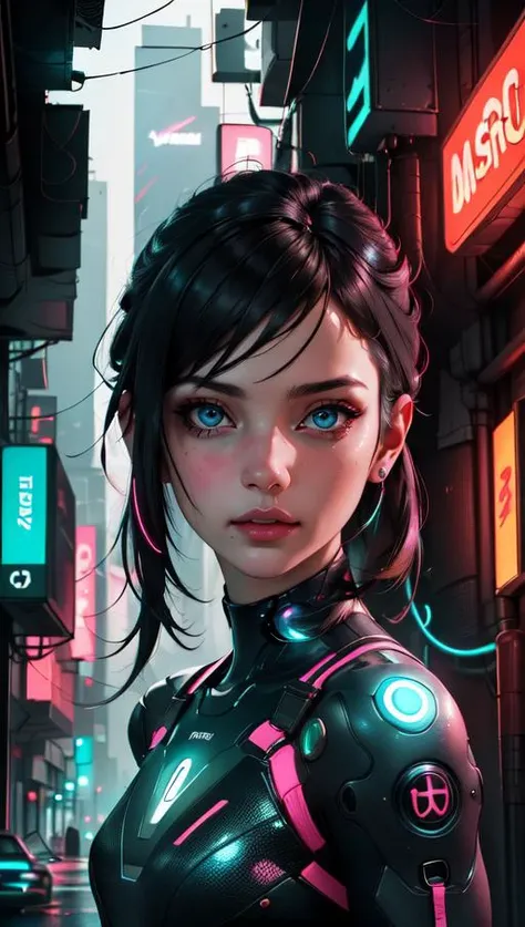 masterpiece, best quality, a digital portrait in a futuristic cyberpunk style, with neon accents, augmented reality enhancements, and a dystopian backdrop <lora:epiCRealismHelper:1>