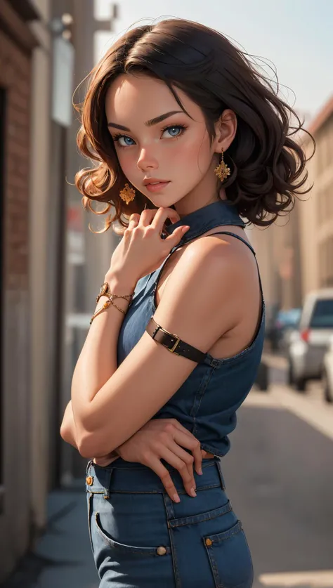 masterpiece, best quality, 1girl, bare shoulders, jeans, curly hair, sleeveless, standing, hand on own shoulder, <lora:epiCRealismHelper:1>