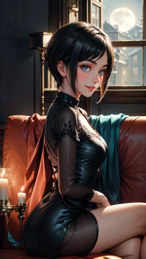 masterpiece, best quality, 1girl, black hair, short hair, oversized dress, dark background, sitting, couch, moon, evening, indoors, candle, (low-key lighting, dimly lit:1.5), from side, facing away,
<lora:epiCRealismHelper:1>, smile, <lora:add_detail:0.5> AnjelikaV2